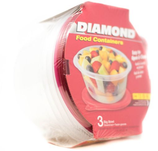 Imagen de RECIPIENTE  DIAMOND PLÁSTICO PARA COMIDA TAZÓN GRANDE CON TAPA 3 UND 