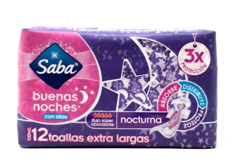 Imagen de TOALLAS FEMENINAS SABA BUENAS NOCHES EXTRA LARGAS 12 UND