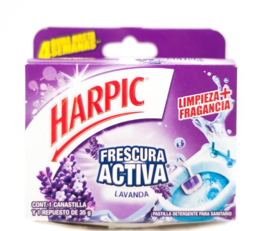 Imagen de PASTILLA SANITARIA HARPIC FRESCURA ACTIVA AROMA LAVANDA 35 G + CANASTILLA 