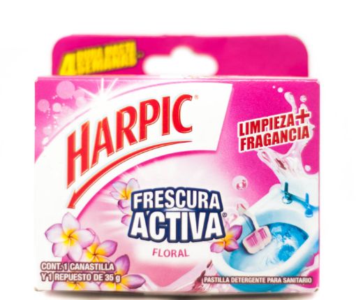 Imagen de PASTILLA SANITARIA HARPIC FRESCURA ACTIVA AROMA FLORAL 35 G + CANASTILLA 35 g 