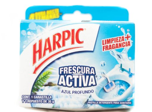 Imagen de PASTILLA SANITARIA HARPIC FRESCURA ACTIVA AROMA AZUL PROFUNDO 35 G + CANASTILLA