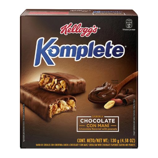 Imagen de BARRA DE CEREAL KELLOGGS KOMPLETE CHOCOLATE CON MANÍ 5 UND 130 g 