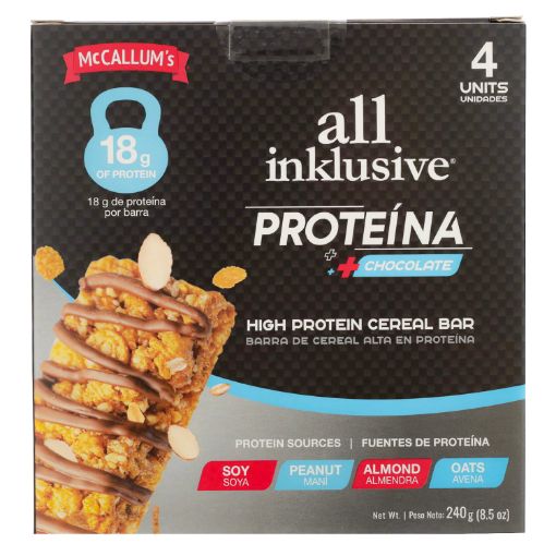 Imagen de BARRA DE CEREAL MCCALLUMS ALL INKLUSIVE PROTEÍNA + CHOCOLATE 4 UNID 240 G