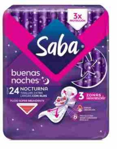 Imagen de TOALLAS FEMENINAS SABA BUENAS NOCHES EXTRA LARGAS 24.00 UND