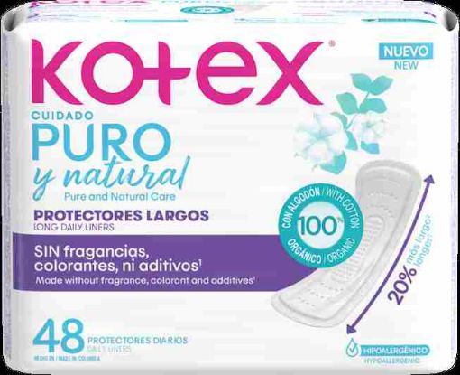 Imagen de PROTECTORES FEMENINOS KOTEX LARGOS CUIDADO PURO & NATURAL 48 UND