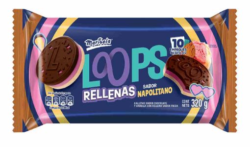 Imagen de GALLETAS MARINELA LOOPS RELLENO SABOR NAPOLITANO 10 UND  320.00 G