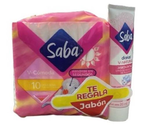 Imagen de TOALLAS FEMENINAS SABA V-COMODA 10 UND + JABÓN INTIMO SABA 20 ML GRATIS 